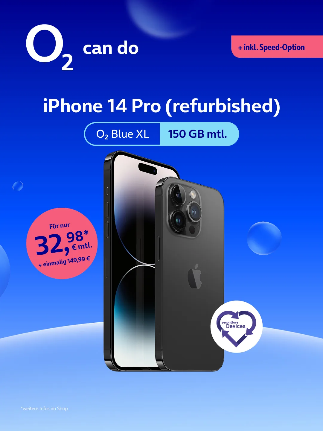 iPhone 14 Pro (refurbished) mit o2 Blue XL, 150 GB
