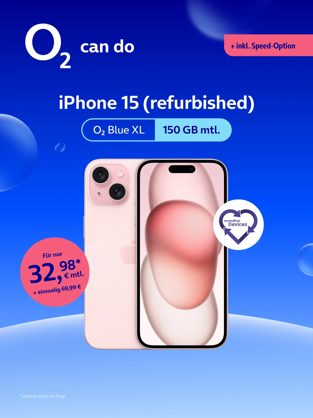 iPhone 15 (refurbished) mit o2 Blue XL, 150 GB