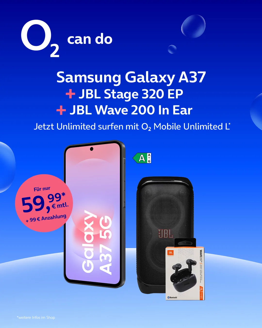 Samsung Galaxy A37 + JBL Stage 320 EP + JBL Wave 200 In Ear mit o2 Mobile Unlimited L