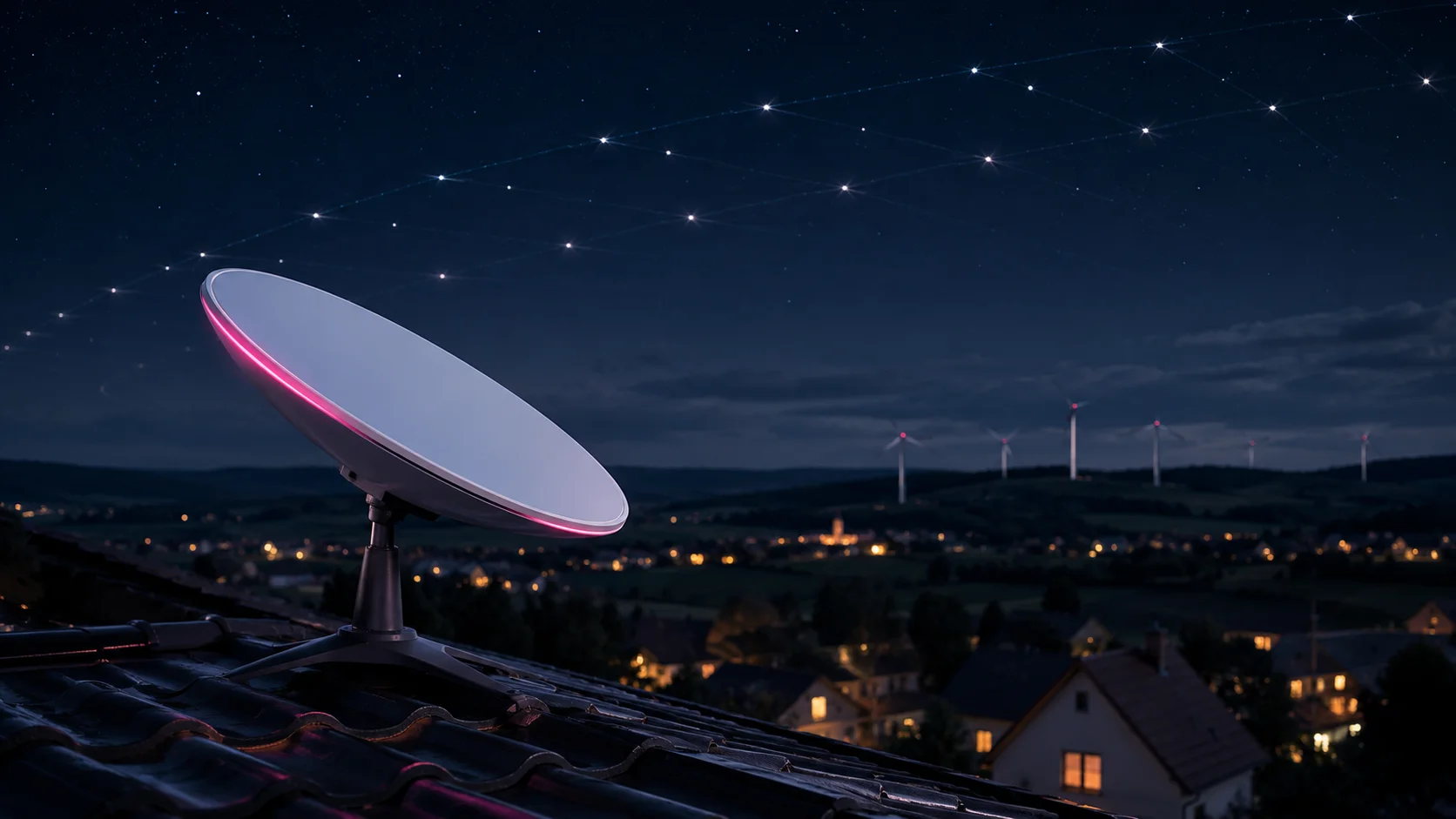 Starlink Satellitenantenne auf einem Hausdach bei Nacht
