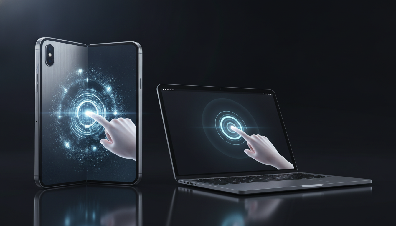 Konzeptdarstellung eines faltbaren iPhones und eines MacBooks mit Touchscreen