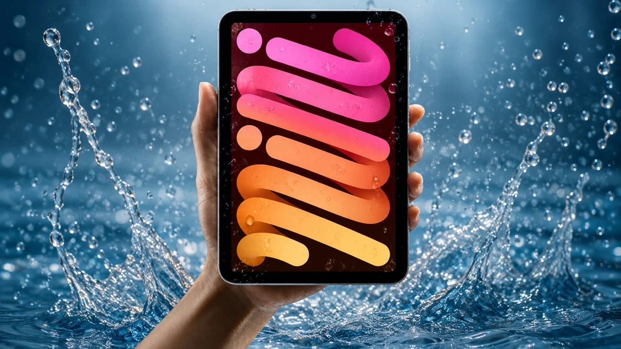 Ein iPad mini wird in einer Hand vor aufspritzendem Wasser gehalten, Produktfoto von Apple