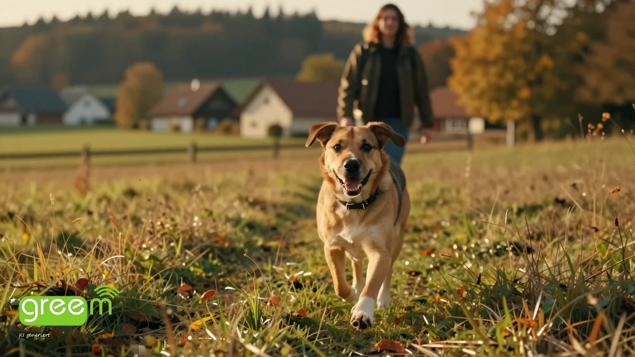 Fröhlicher Hund läuft über eine herbstliche Wiese am Dorfrand, im Hintergrund die Besitzerin