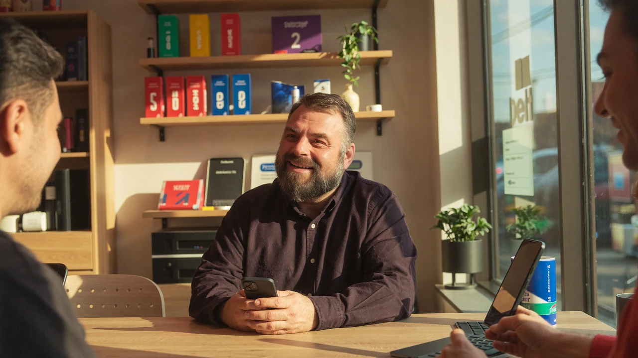 Christian Rill im greem-Shop im Beratungsgespräch mit einem Kunden, Smartphone in der Hand