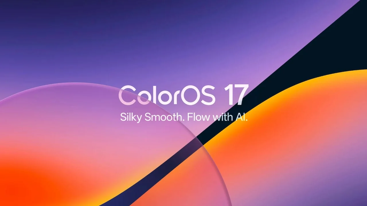 Oppo-Grafik mit dem Schriftzug ColorOS 17 auf lila-orangem Farbverlauf