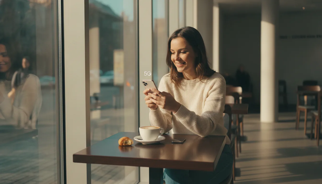 Frau im Café schaut entspannt auf ihr Smartphone – Symbolbild congstar Allnet Flat 5G