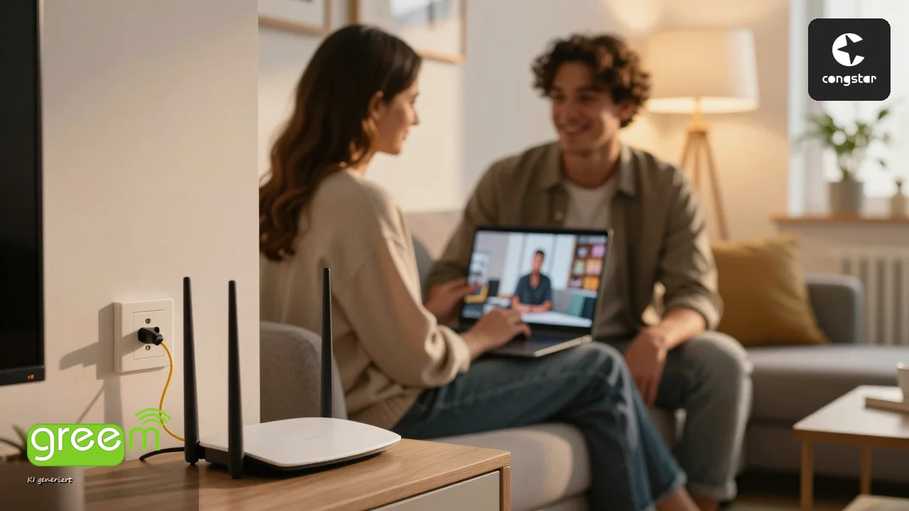 Paar auf dem Sofa mit Laptop, im Vordergrund ein Router mit Glasfaserkabel an der Wanddose