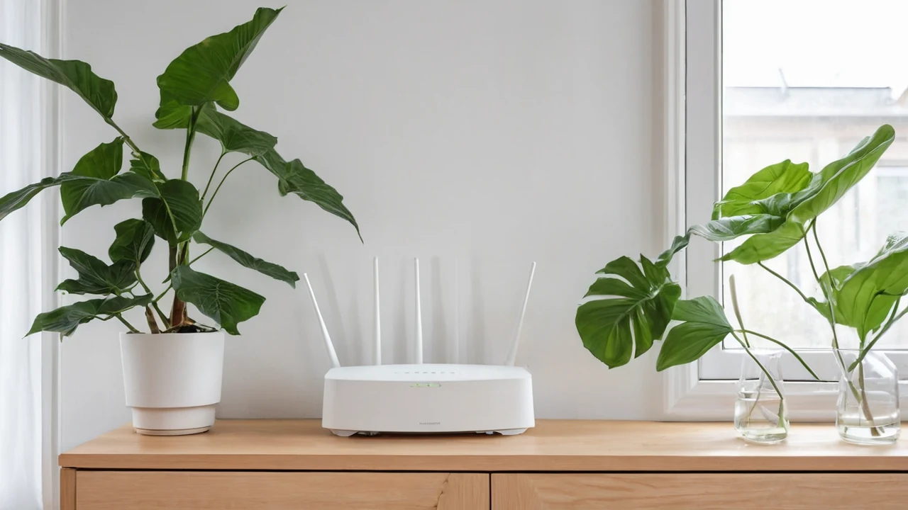 Weißer WLAN-Router auf einem Sideboard in einem hellen Wohnzimmer