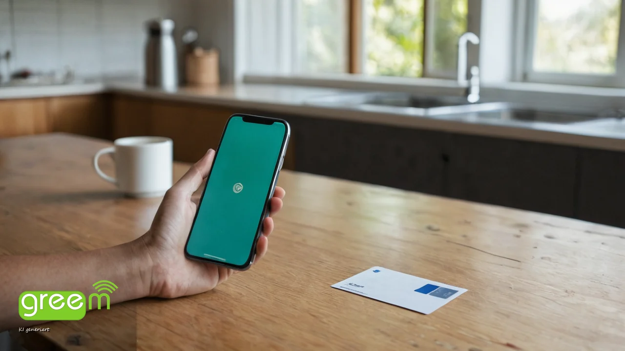 Hand h&auml;lt ein Smartphone mit gr&uuml;nem Bildschirm &uuml;ber einen Holztisch, auf dem eine Ausweiskarte liegt