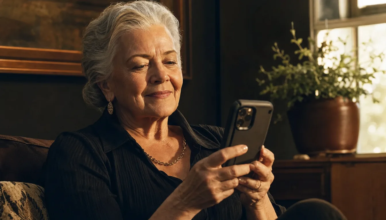 Ältere Frau bedient entspannt ein modernes Smartphone mit Schutzhülle