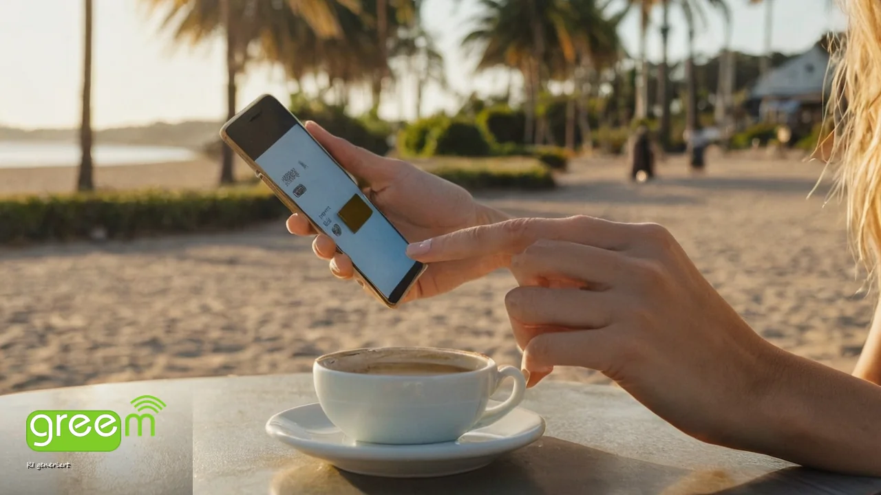 Junge Frau sitzt im Abendlicht an einem Caf&eacute;tisch am Strand und tippt auf ihrem Smartphone in den SIM-Einstellungen