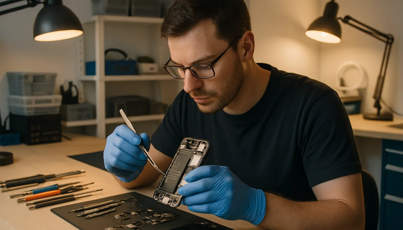 Smartphone-Reparateur öffnet ein Gerät mit Präzisionswerkzeug in einem modernen Werkstatt-Umfeld