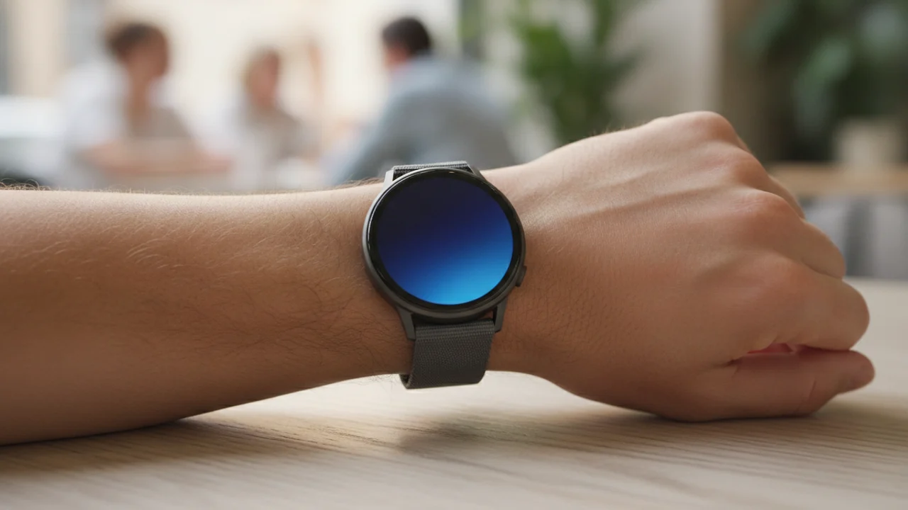 Runde Smartwatch mit dunklem Geh&auml;use am Handgelenk, aufgelegt auf einen Holztisch
