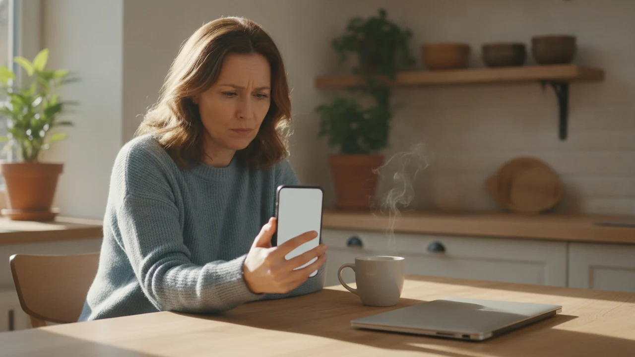 Frau sitzt morgens am K&uuml;chentisch und schaut leicht genervt auf ihr Smartphone