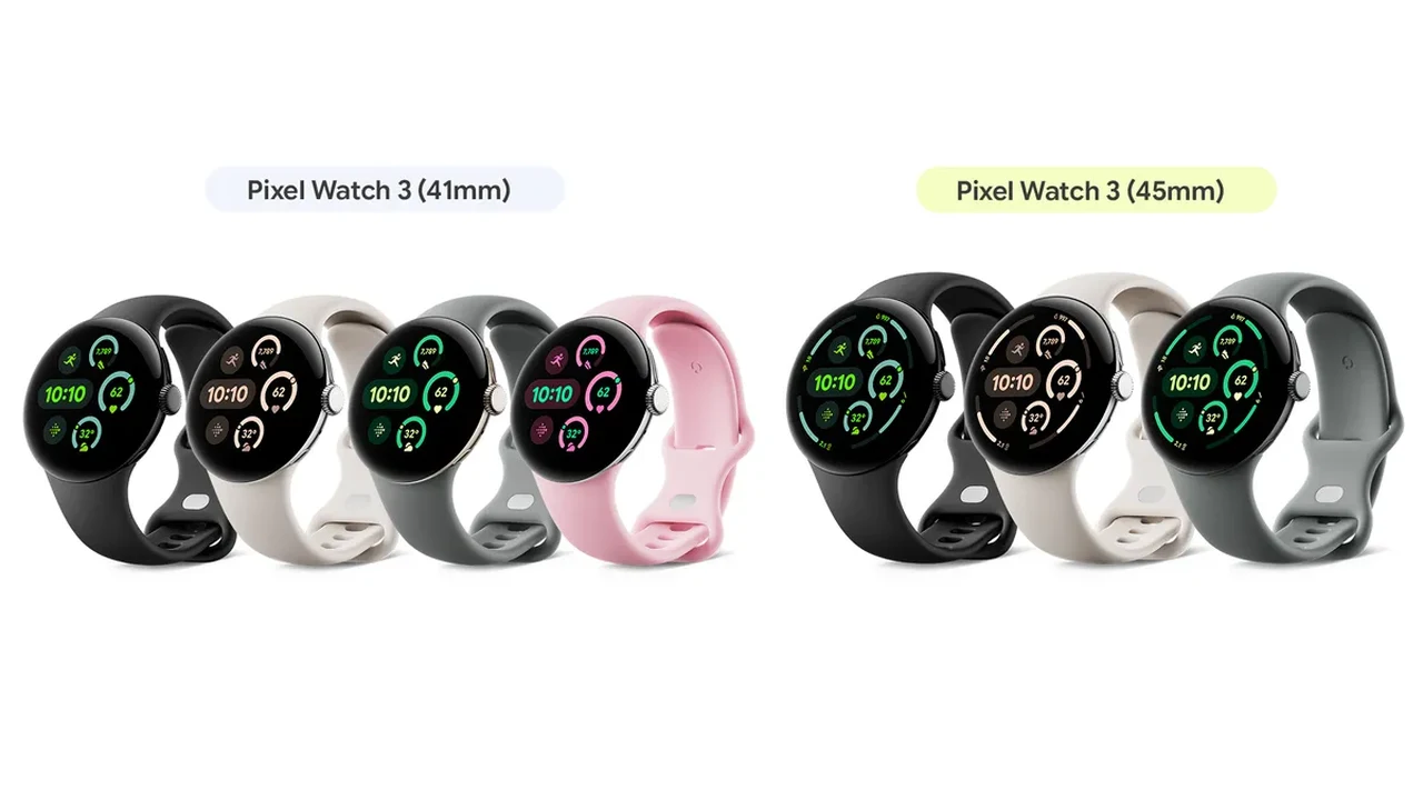 Google Pixel Watch 3 in 41 und 45 Millimetern in mehreren Farben nebeneinander