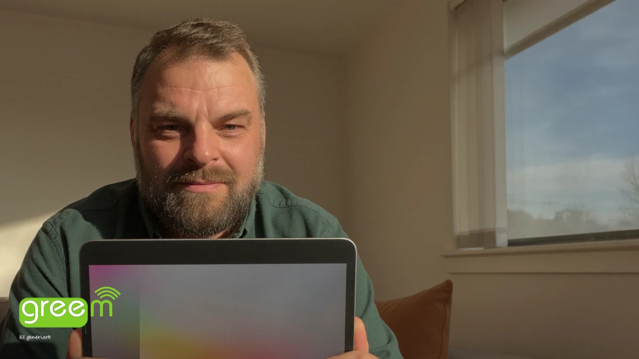 Christian Rill sitzt auf dem Sofa und schaut auf ein Tablet