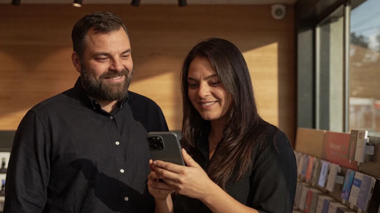 Christian Rill berät im greem-Shop eine Kundin vor einer Wand mit Smartphones