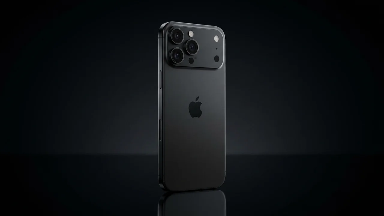 Schwarzes Premium-Smartphone im iPhone-Pro-Design auf spiegelnder Fläche – Konzeptdarstellung