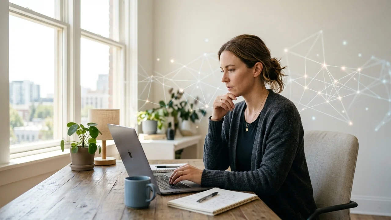 Unternehmerin arbeitet am Laptop, im Hintergrund angedeutete Netzwerkstruktur