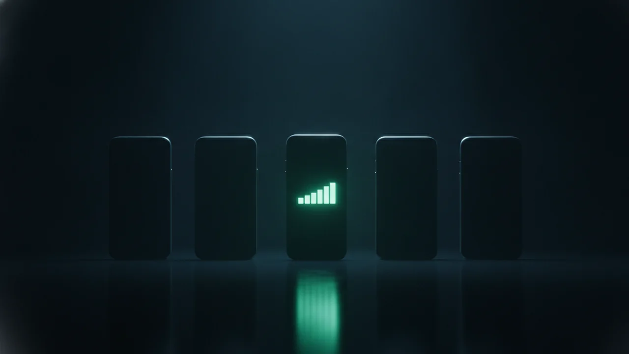 Fünf Smartphones nebeneinander, eines leuchtet grün mit vollem Netzempfang – Symbolbild Netzbetreiber-Vergleich