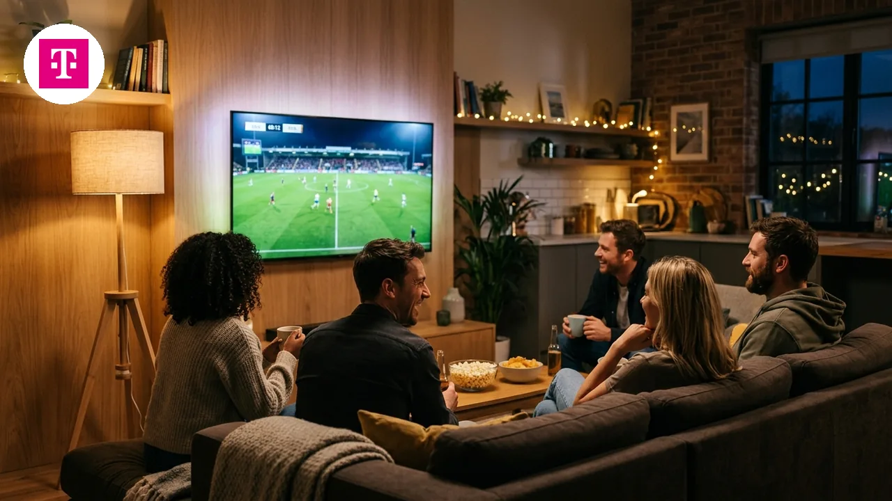 Freundesrunde schaut abends gemeinsam ein Fußballspiel auf dem Fernseher
