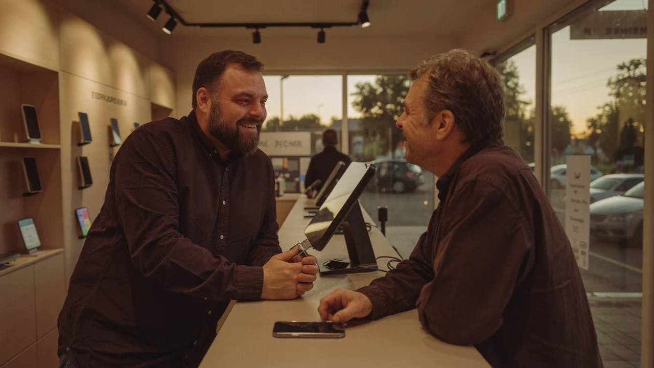 Christian Rill im greem-Shop im Gespräch mit einem Kunden an der Theke, zwischen ihnen ein Smartphone