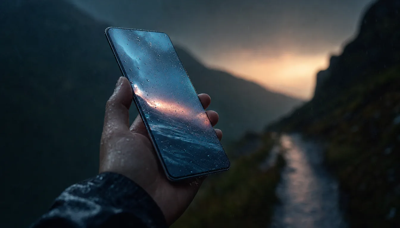 Schlankes Flaggschiff-Smartphone mit Regentropfen in der Hand vor Bergkulisse