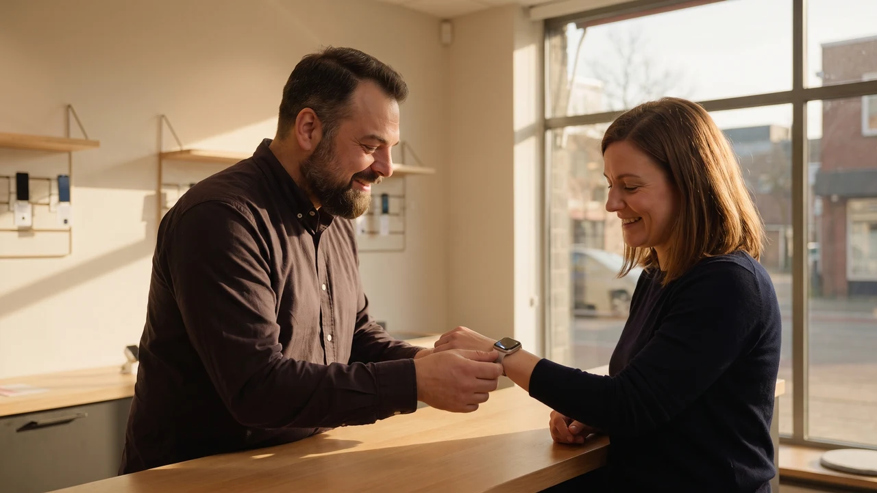 Christian Rill steht im greem-Shop an der Theke und betrachtet eine Smartwatch in seiner Hand