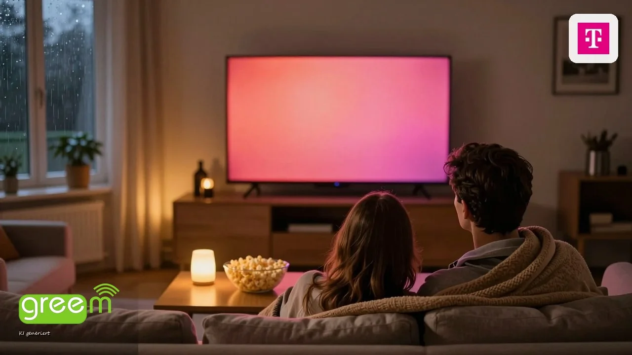 Ein Paar sitzt abends auf dem Sofa unter einer Decke vor einem leuchtenden Fernseher, auf dem Tisch eine Sch&uuml;ssel Popcorn, oben rechts das Telekom-Logo