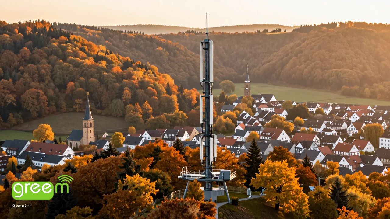 Mobilfunkmast auf einem bewaldeten H&uuml;gel &uuml;ber einer hessischen Kleinstadt im Herbst