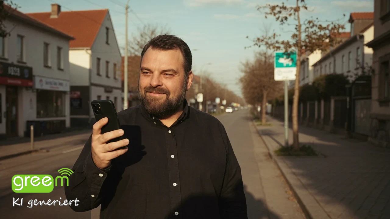 Christian Rill steht auf einer Straße im Abendlicht und schaut auf sein Smartphone