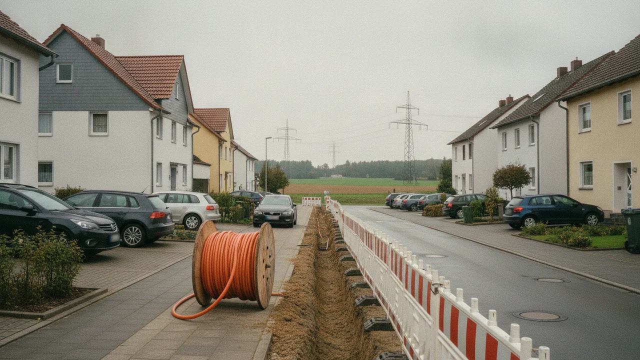 Offener Kabelgraben mit Leerrohrtrommel in einer Wohnstra&szlig;e, am Horizont Strommasten
