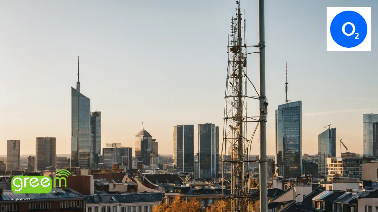 Mobilfunkmast auf einem Dach vor der Frankfurter Skyline im Abendlicht, oben rechts das O2-Logo