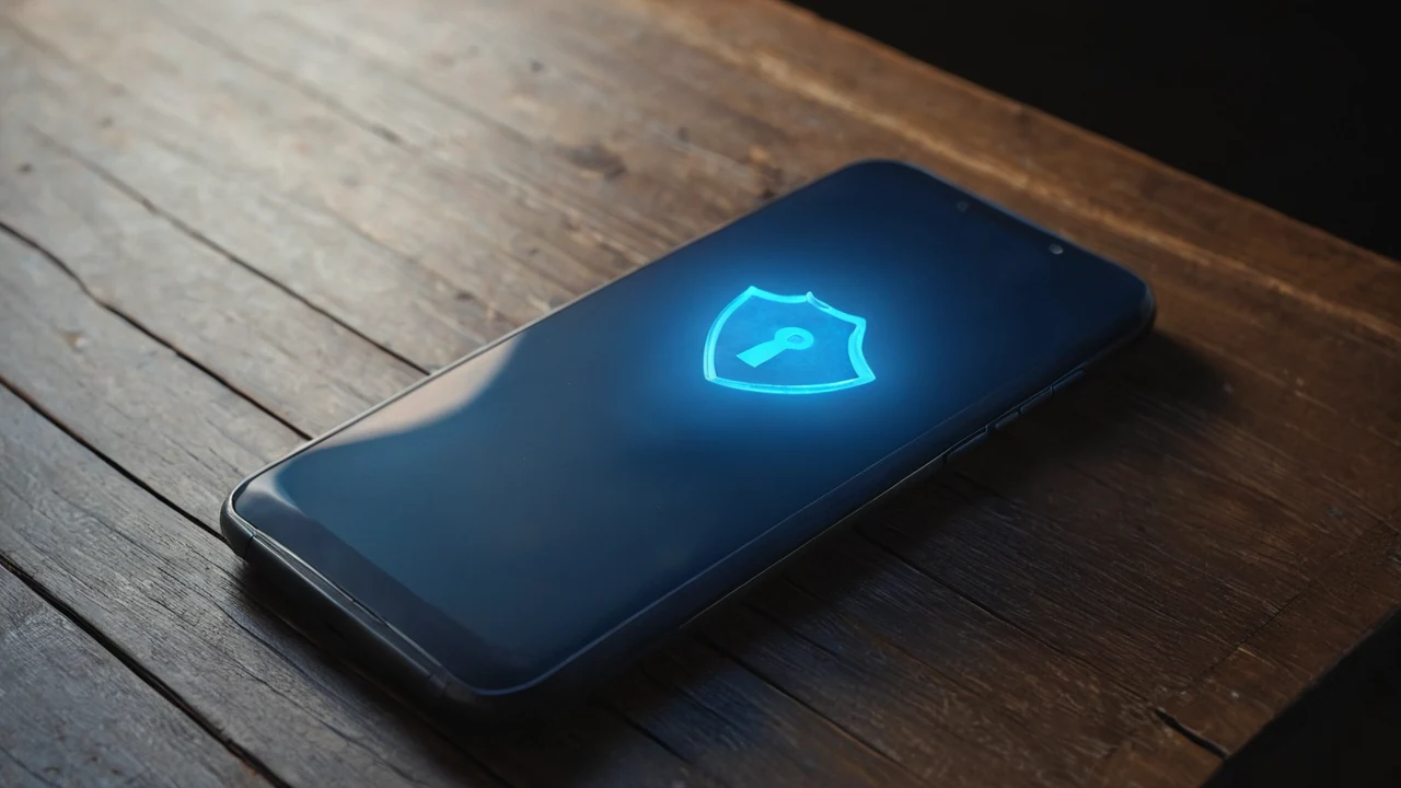 Smartphone auf einem Holztisch mit leuchtendem Schutzschild-Symbol über dem Display