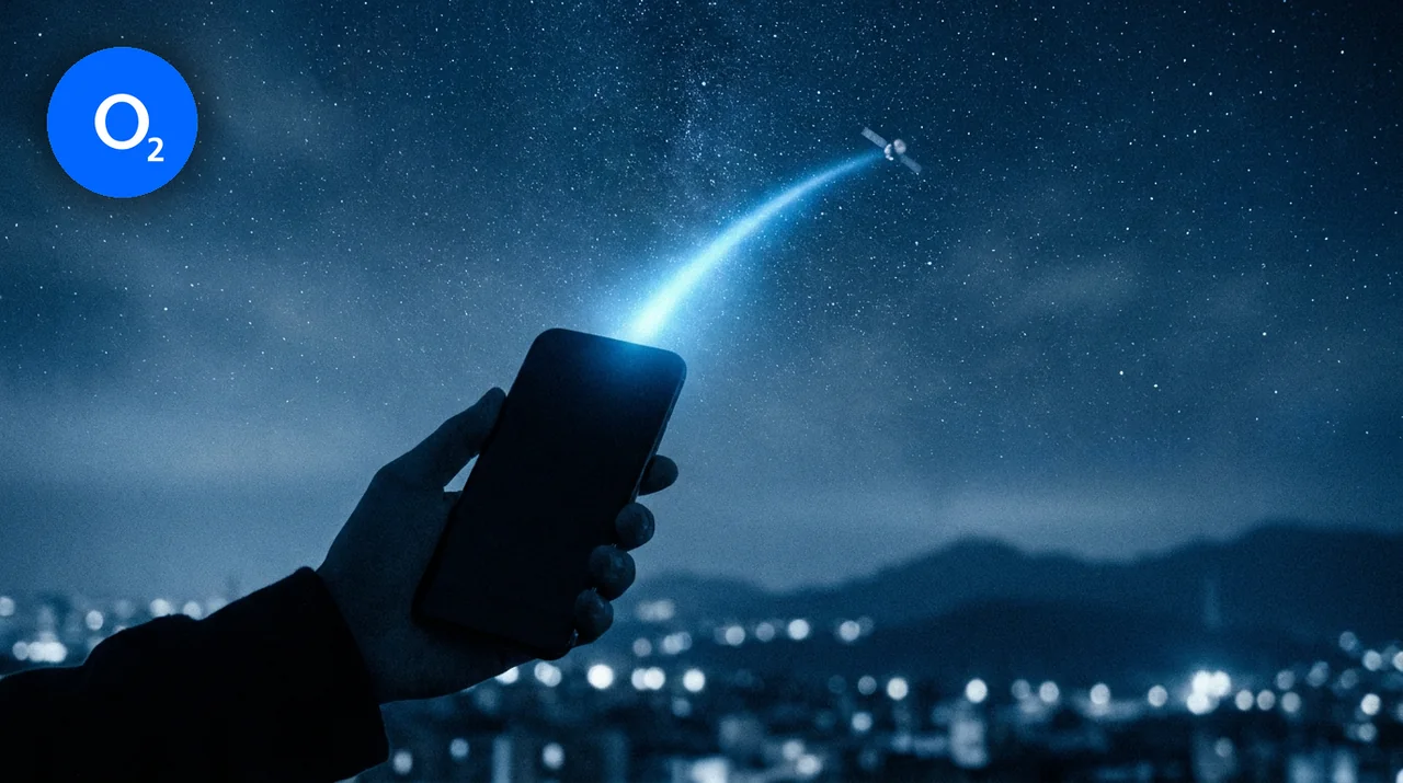 Hand hält ein Smartphone in den nächtlichen Sternenhimmel, ein Signalstrahl verbindet das Handy direkt mit Satelliten im Orbit