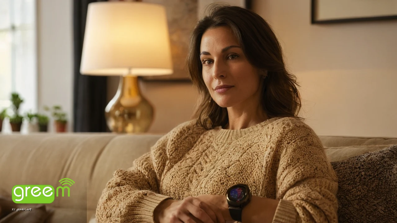 Frau im Strickpullover sitzt im warmen Lampenlicht auf dem Sofa und schaut auf die runde Smartwatch an ihrem Handgelenk