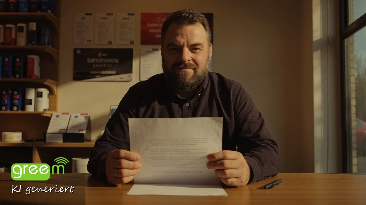 Christian Rill sitzt an der Ladentheke und schaut auf ein Blatt Papier in seinen Händen