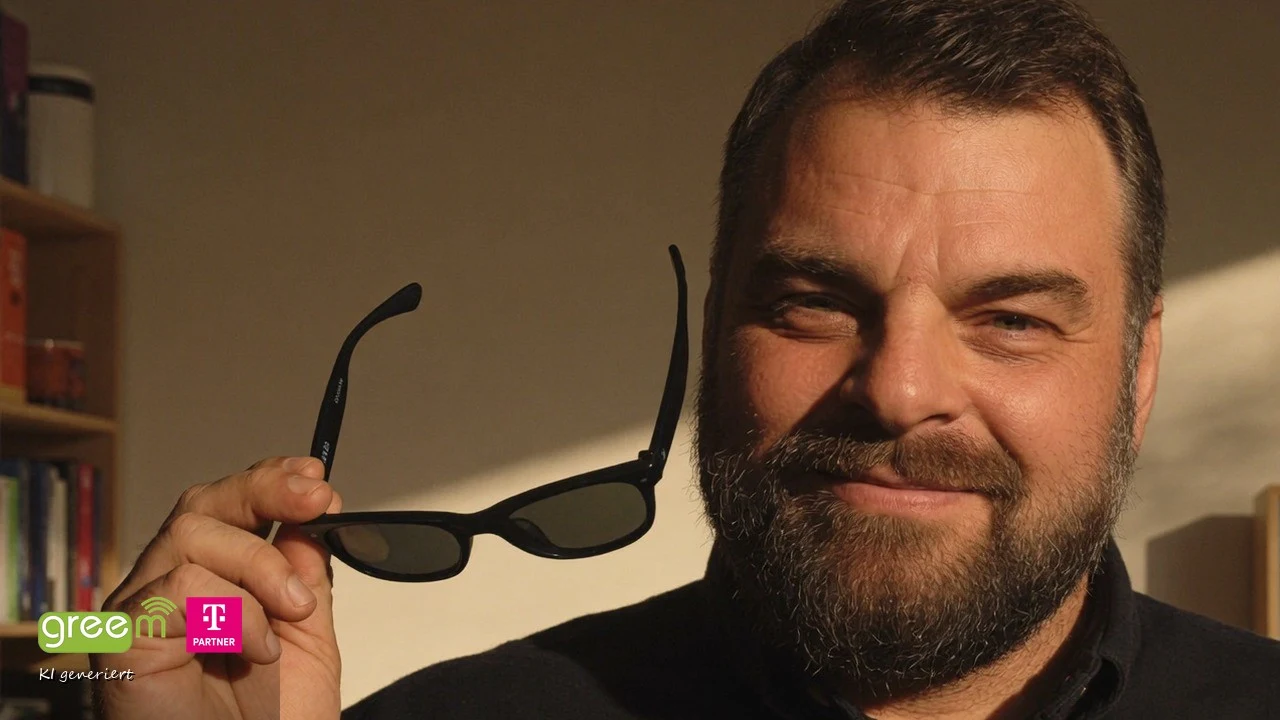 Christian Rill betrachtet im greem-Shop eine Brille in seiner Hand