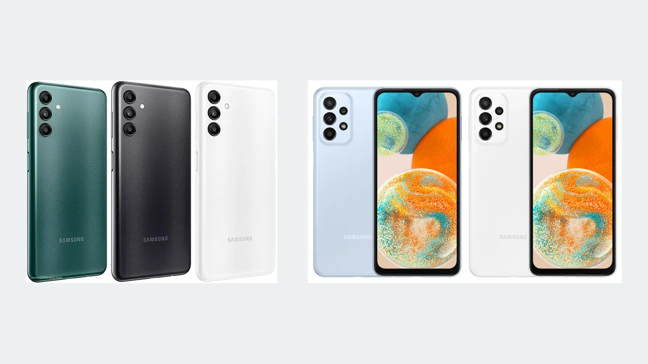 Samsung Galaxy A04s in Gr&uuml;n, Schwarz und Wei&szlig; neben dem Galaxy A23 5G in Hellblau und Wei&szlig;