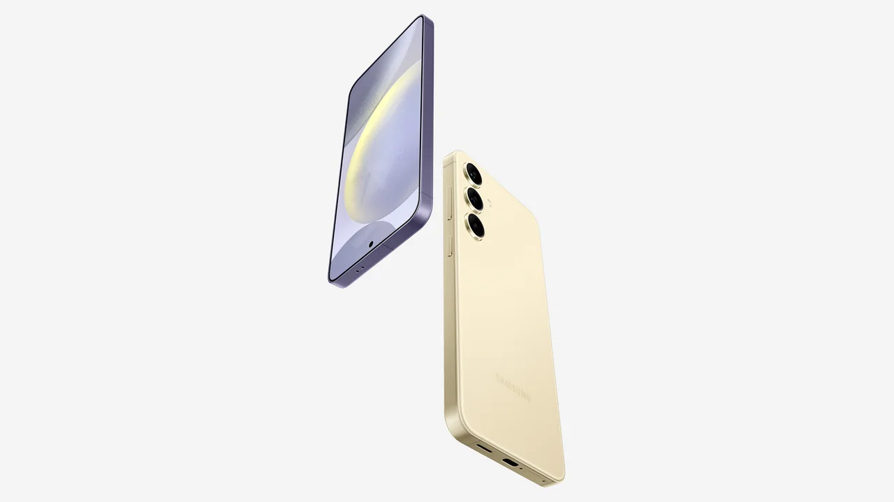 Samsung Galaxy S24 in Violett und Gelb, Vorder- und R&uuml;ckseite