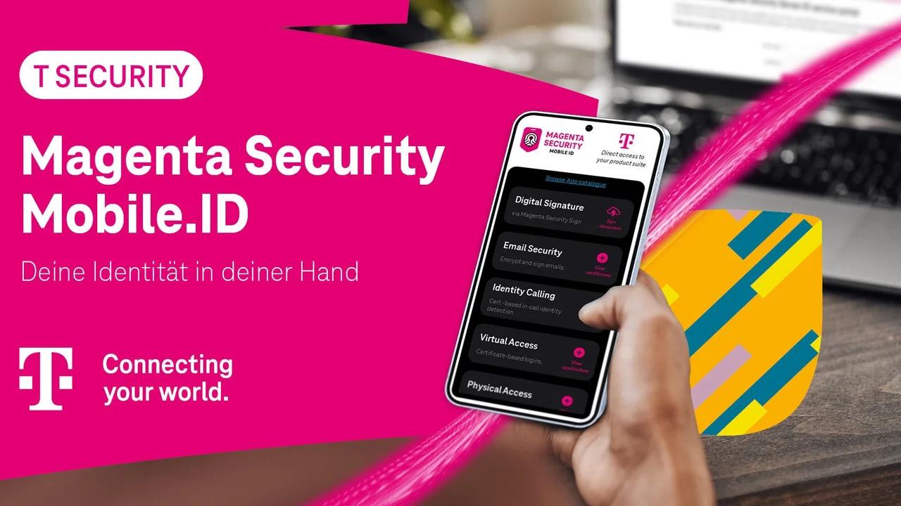 Pressebild der Telekom: Eine Hand hält ein Samsung-Smartphone mit der App Magenta Security Mobile.ID, daneben der Schriftzug Deine Identität in deiner Hand