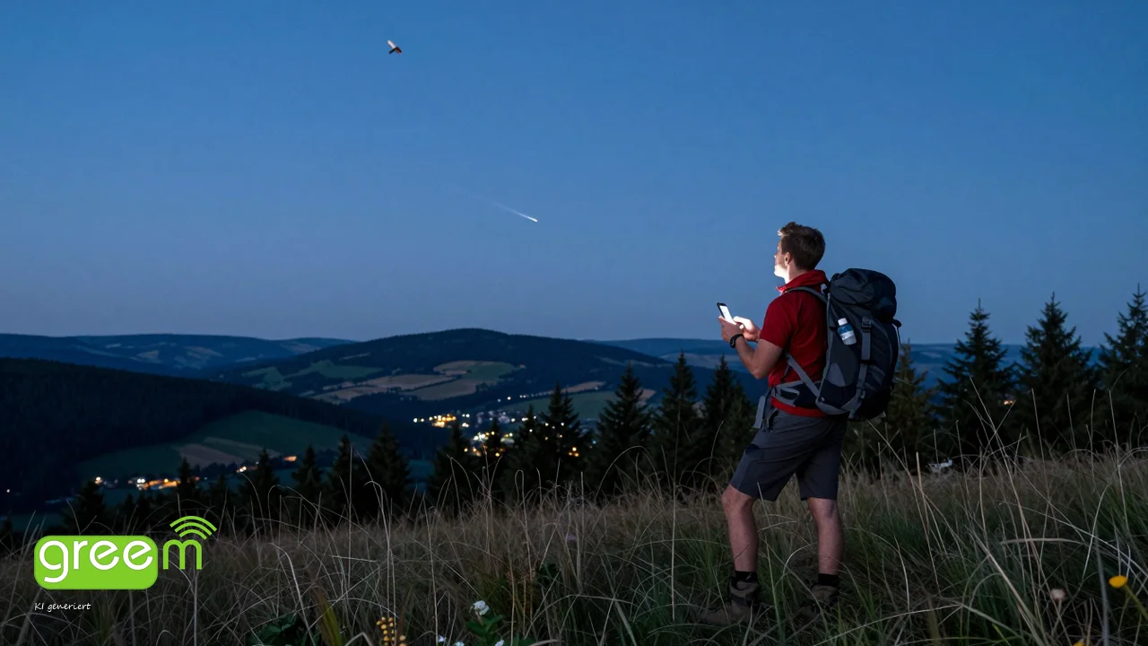 Wanderer mit Smartphone auf einem Hügel in der Abenddämmerung, am Himmel zieht ein Satellit vorbei