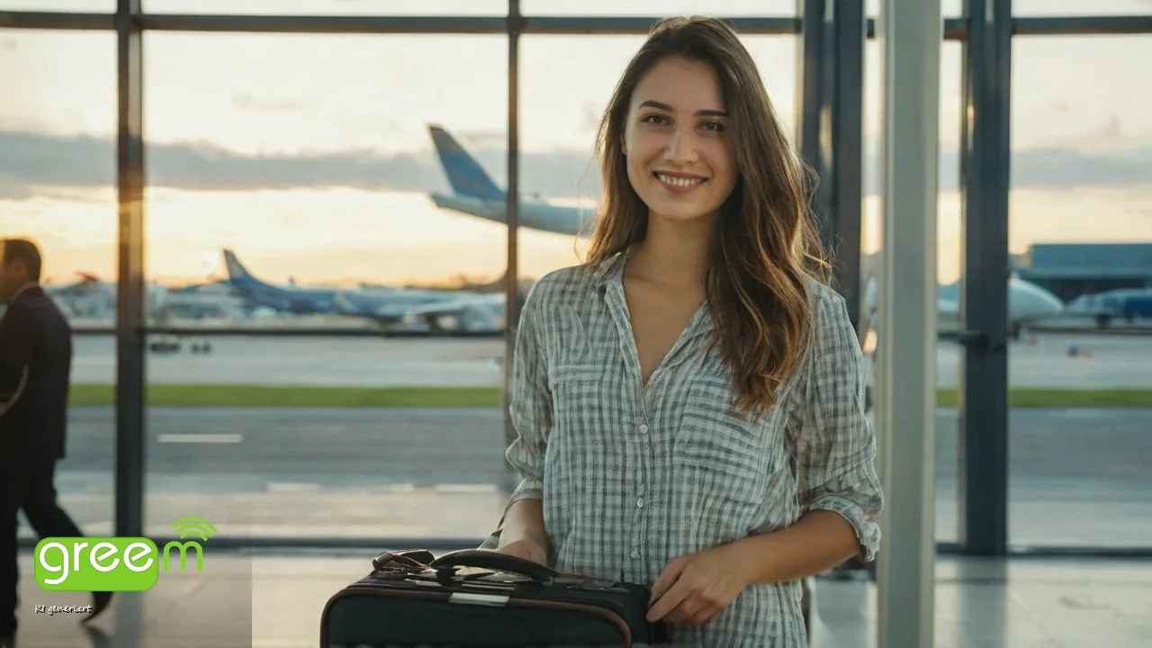 Junge Frau mit Handgep&auml;ck am Flughafen-Gate im Abendlicht