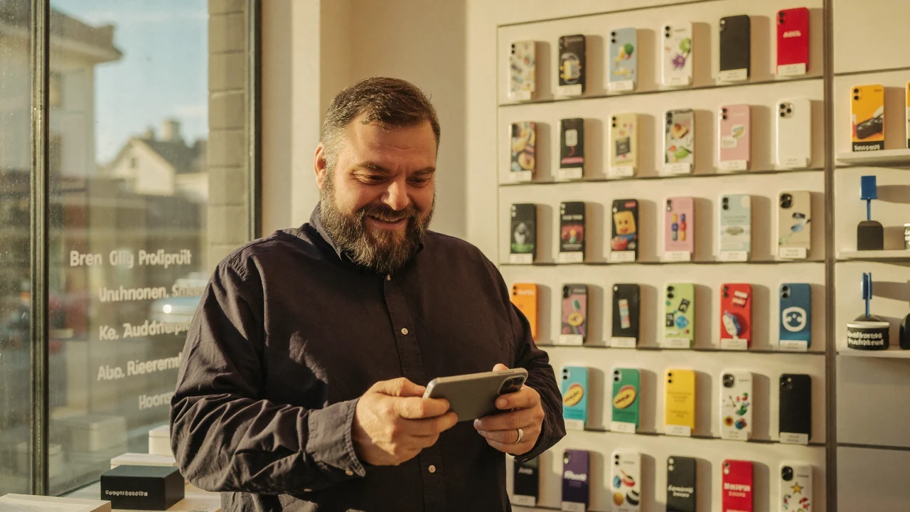 Christian Rill im greem-Shop vor einer Wand mit Ausstellungsgeräten, ein Smartphone quer in beiden Händen