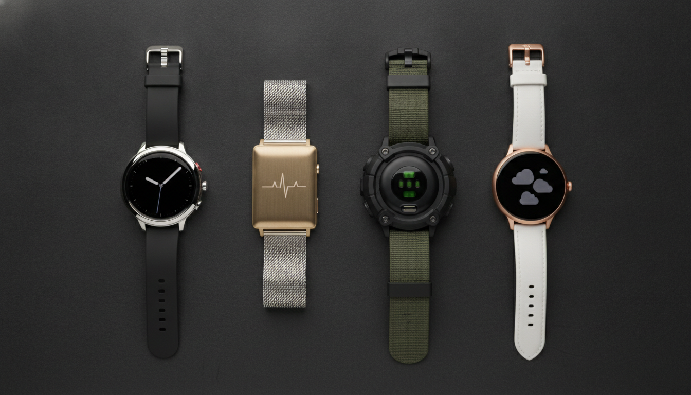 Mehrere Smartwatches verschiedener Hersteller nebeneinander auf dunklem Untergrund