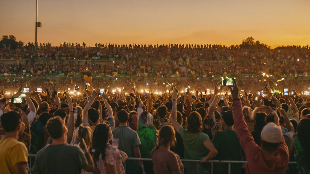 Volles Stadion im Abendlicht, viele Fans halten ihre Smartphones hoch und filmen
