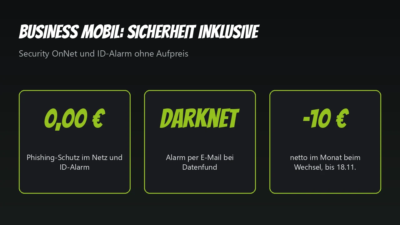 Grafik: 0 Euro für Security OnNet, ID-Alarm bei Datenfund im Darknet, bis zu 10 Euro Rabatt im Monat beim Wechsel
