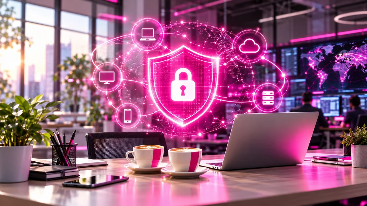 B&uuml;roarbeitsplatz mit Laptop und zwei Kaffeetassen, dar&uuml;ber ein leuchtendes Schutzschild-Symbol in Magenta
