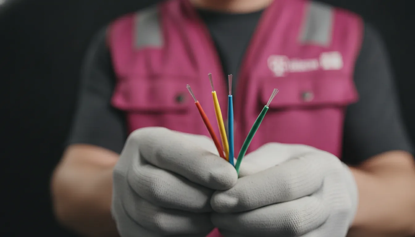 Telekom-Techniker hält farbige Glasfaserkabel in den Händen – vier einzelne Lichtleiter in Rot, Gelb, Blau und Grün