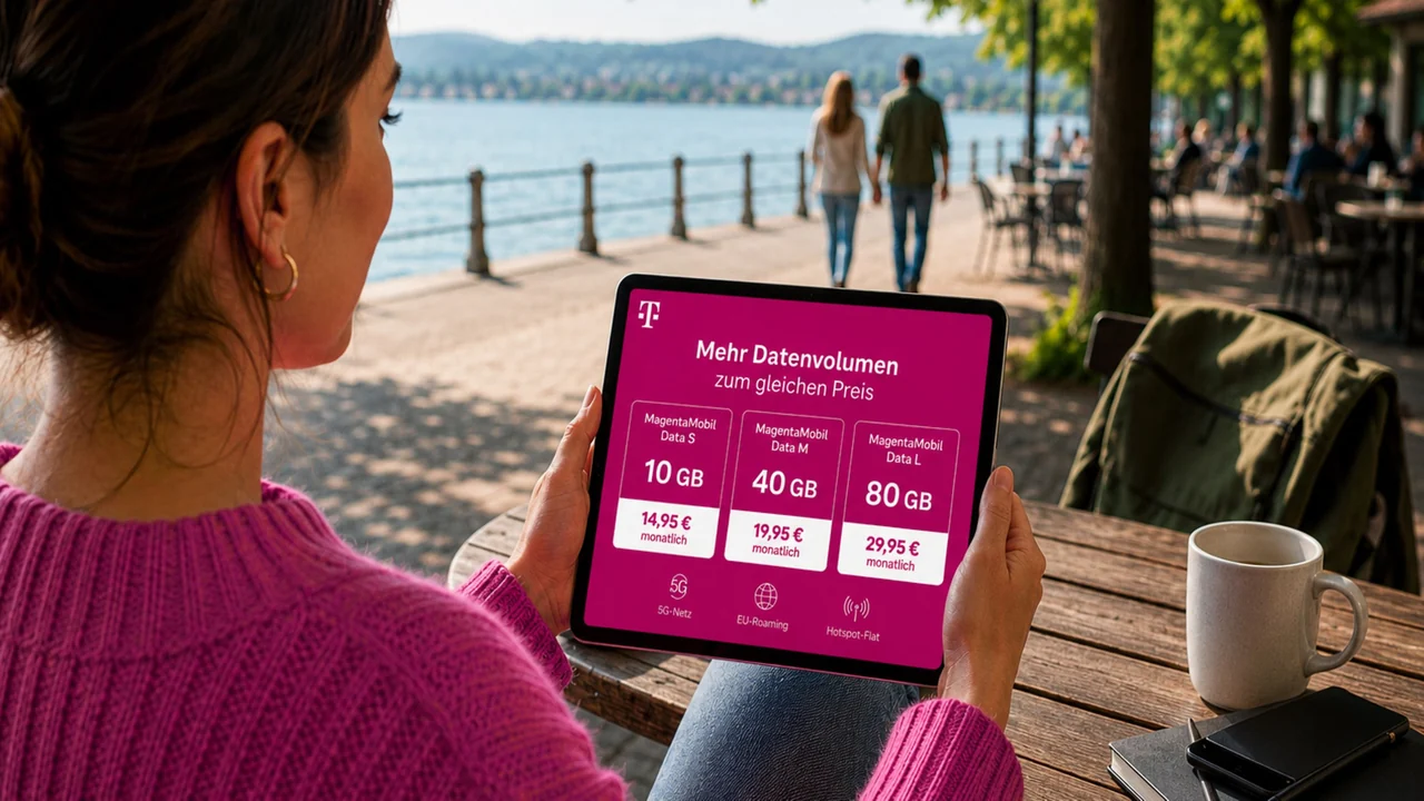 Frau am See mit Tablet, darauf die neuen MagentaMobil-Data-Tarife mit 10, 40 und 80 GB